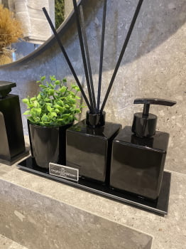 KIT DE LAVABO PARA BANHEIRO CUBO PRETO BRILHO COM ESSÊNCIA E VASO PRETO