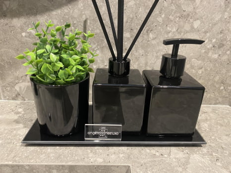 KIT DE LAVABO PARA BANHEIRO CUBO PRETO BRILHO COM ESSÊNCIA E VASO PRETO