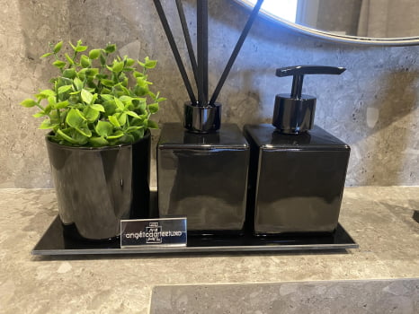 KIT DE LAVABO PARA BANHEIRO CUBO PRETO BRILHO COM ESSÊNCIA E VASO PRETO