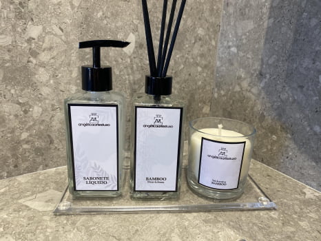 KIT DE LAVABO PARA BANHEIRO LUXO SQUARE CRISTAL COM BANDEJA ACRÍLICO CRISTAL E VELA AROMÁTICA