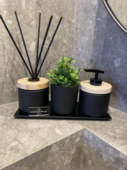 KIT DE LAVABO PARA BANHEIRO PRETO FOSCO MADEIRA E COM ESSÊNCIA