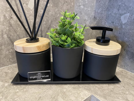 KIT DE LAVABO PARA BANHEIRO PRETO FOSCO MADEIRA E COM ESSÊNCIA