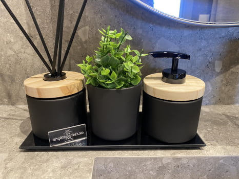 KIT DE LAVABO PARA BANHEIRO PRETO FOSCO MADEIRA E COM ESSÊNCIA