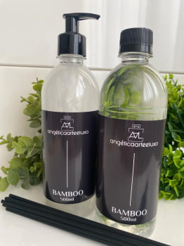 REFIL 500ML SABONETE LÍQUIDO E DIFUSOR DE AROMAS BAMBOO COM 10 VARETAS DIFUSORAS PRETAS