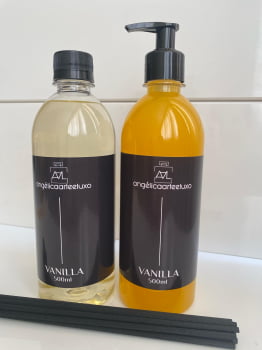 REFIL 500ML SABONETE LÍQUIDO E DIFUSOR DE AROMAS VANILLA COM 10 VARETAS DIFUSORAS PRETAS