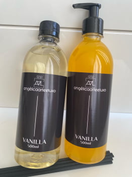 REFIL 500ML SABONETE LÍQUIDO E DIFUSOR DE AROMAS VANILLA COM 10 VARETAS DIFUSORAS PRETAS